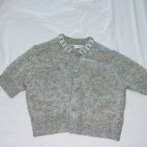 ZARA Embellished Collar Fuzzy Knit Cropped Cardigan